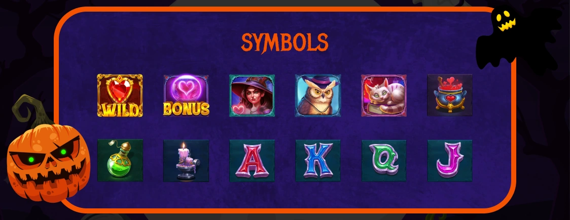 Witch Heart megaways slot symbols.